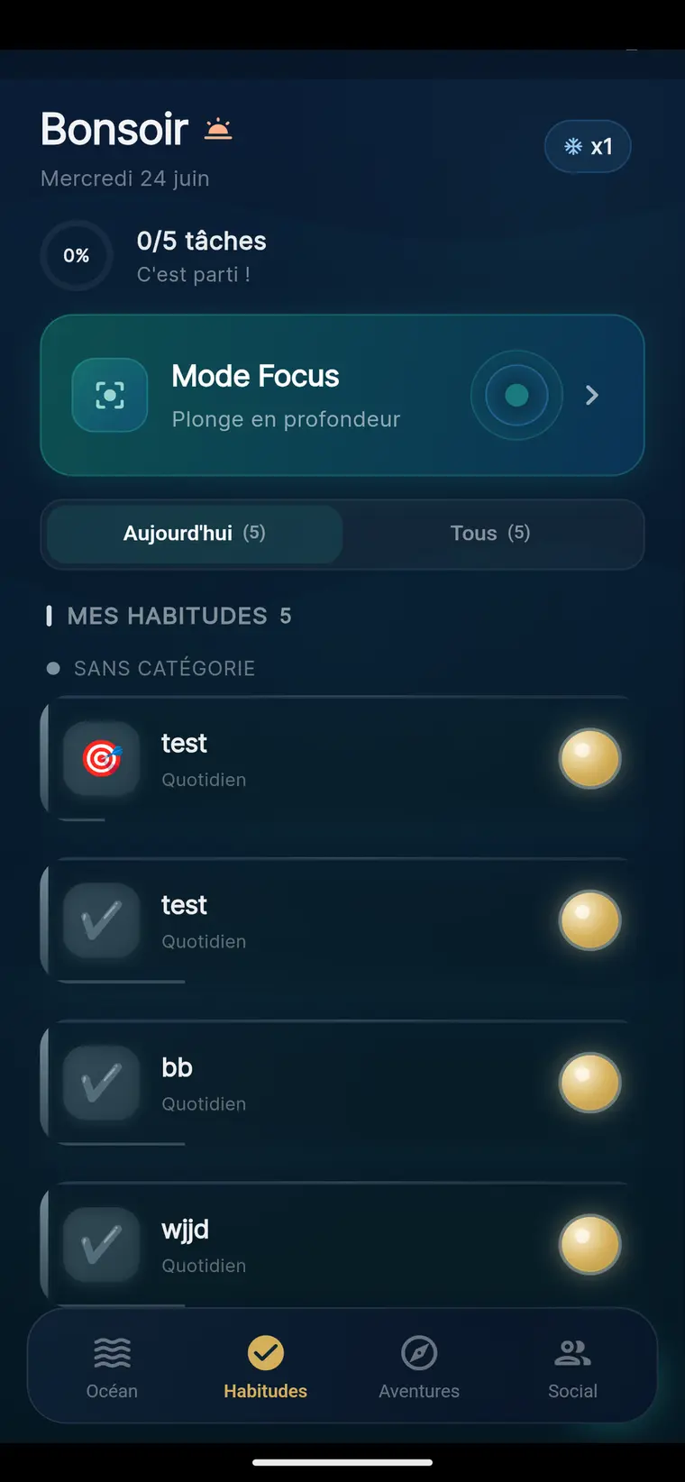 Reef, écran Habitudes