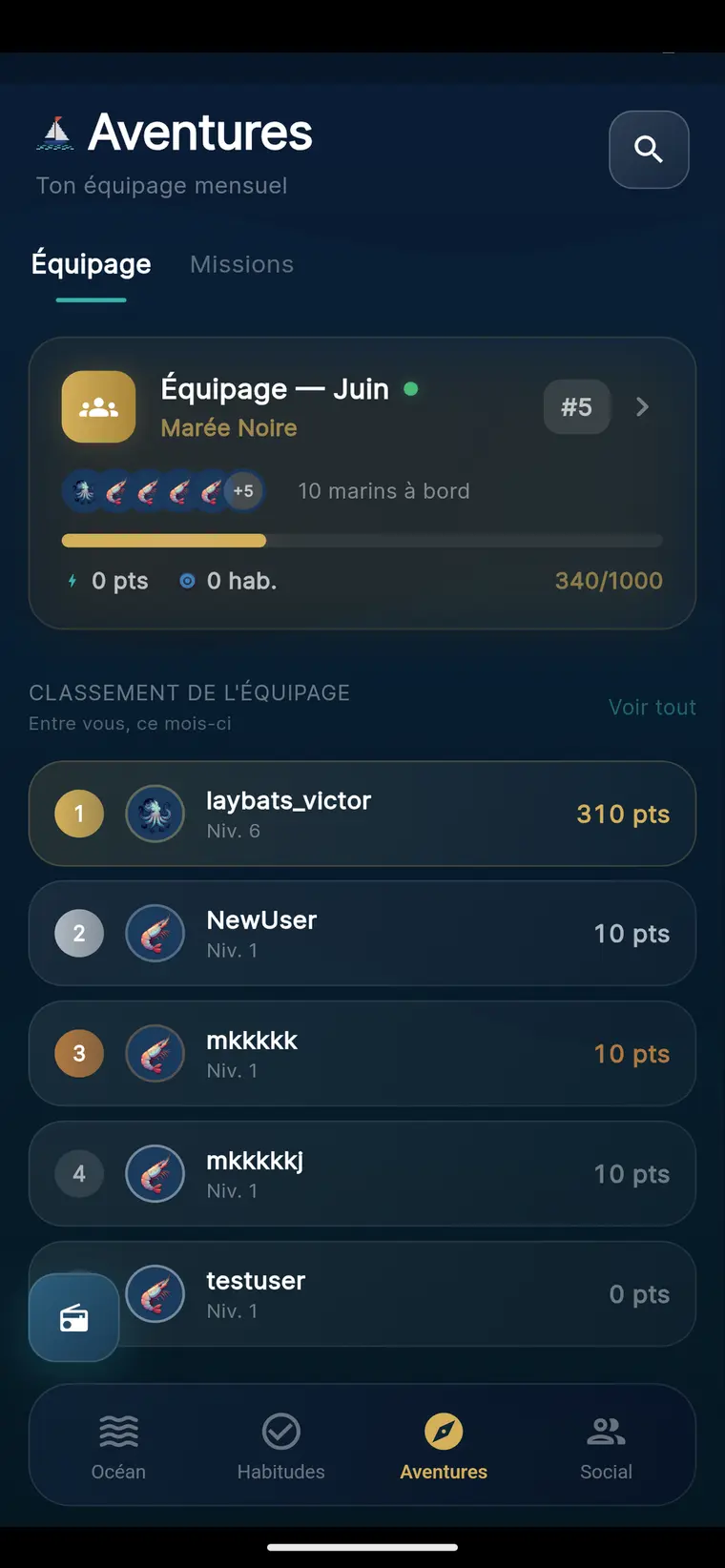 Reef, écran Aventures